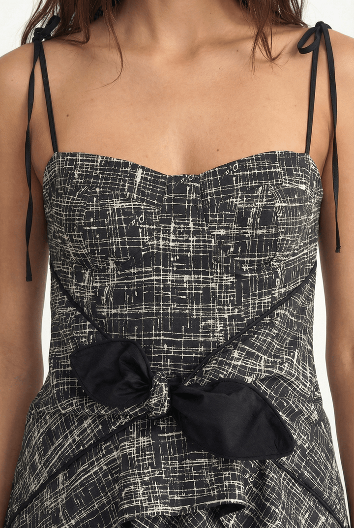 LEYA - ASYMMETRIC CUT FRONT TIED LONG DRESS - CROSSED LINES BLACK