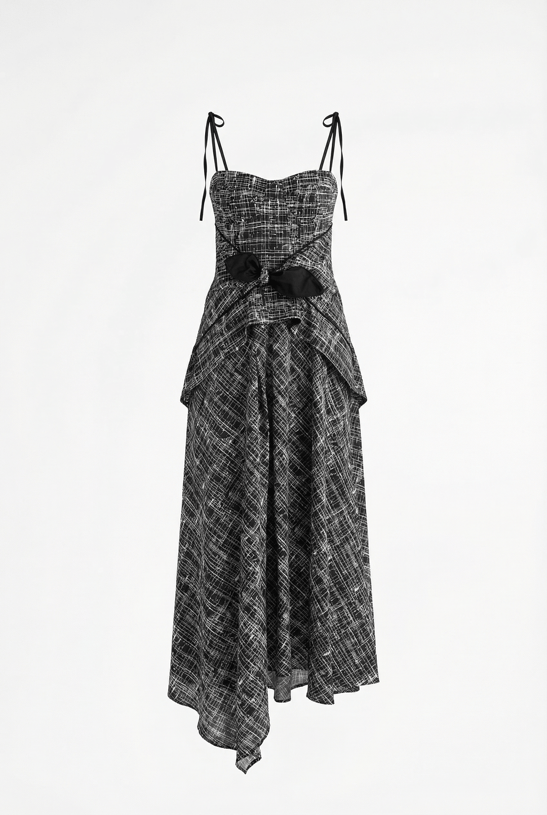 LEYA - ASYMMETRIC CUT FRONT TIED LONG DRESS - CROSSED LINES BLACK