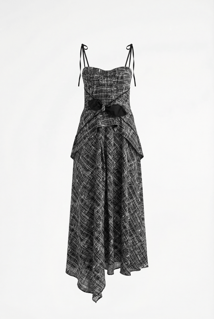 LEYA - ASYMMETRIC CUT FRONT TIED LONG DRESS - CROSSED LINES BLACK