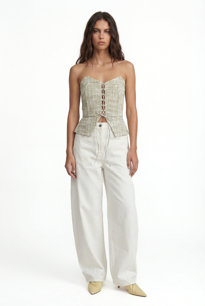BIANCO - STRAPLESS BUSTIER WITH CRISSCROSS FRONT TIE -CROSSED LINES KHAKI