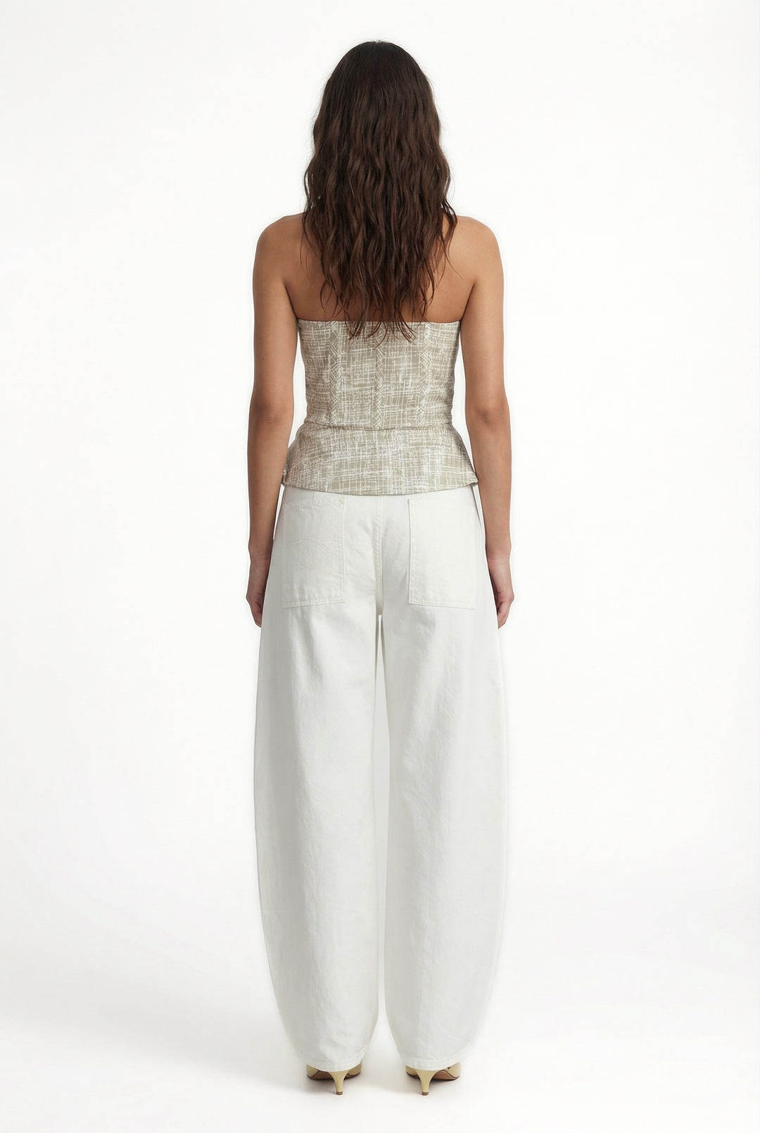 BIANCO - STRAPLESS BUSTIER WITH CRISSCROSS FRONT TIE -CROSSED LINES KHAKI