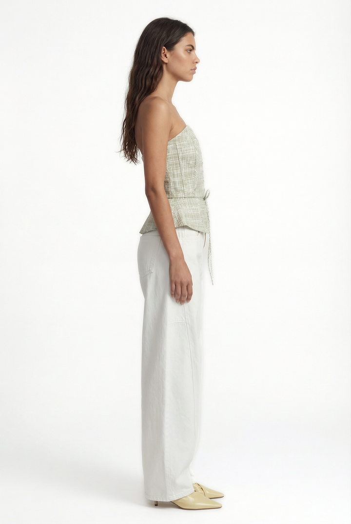 BIANCO - STRAPLESS BUSTIER WITH CRISSCROSS FRONT TIE -CROSSED LINES KHAKI