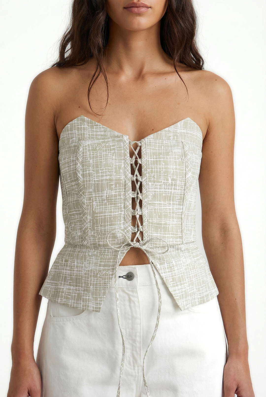 BIANCO - STRAPLESS BUSTIER WITH CRISSCROSS FRONT TIE -CROSSED LINES KHAKI
