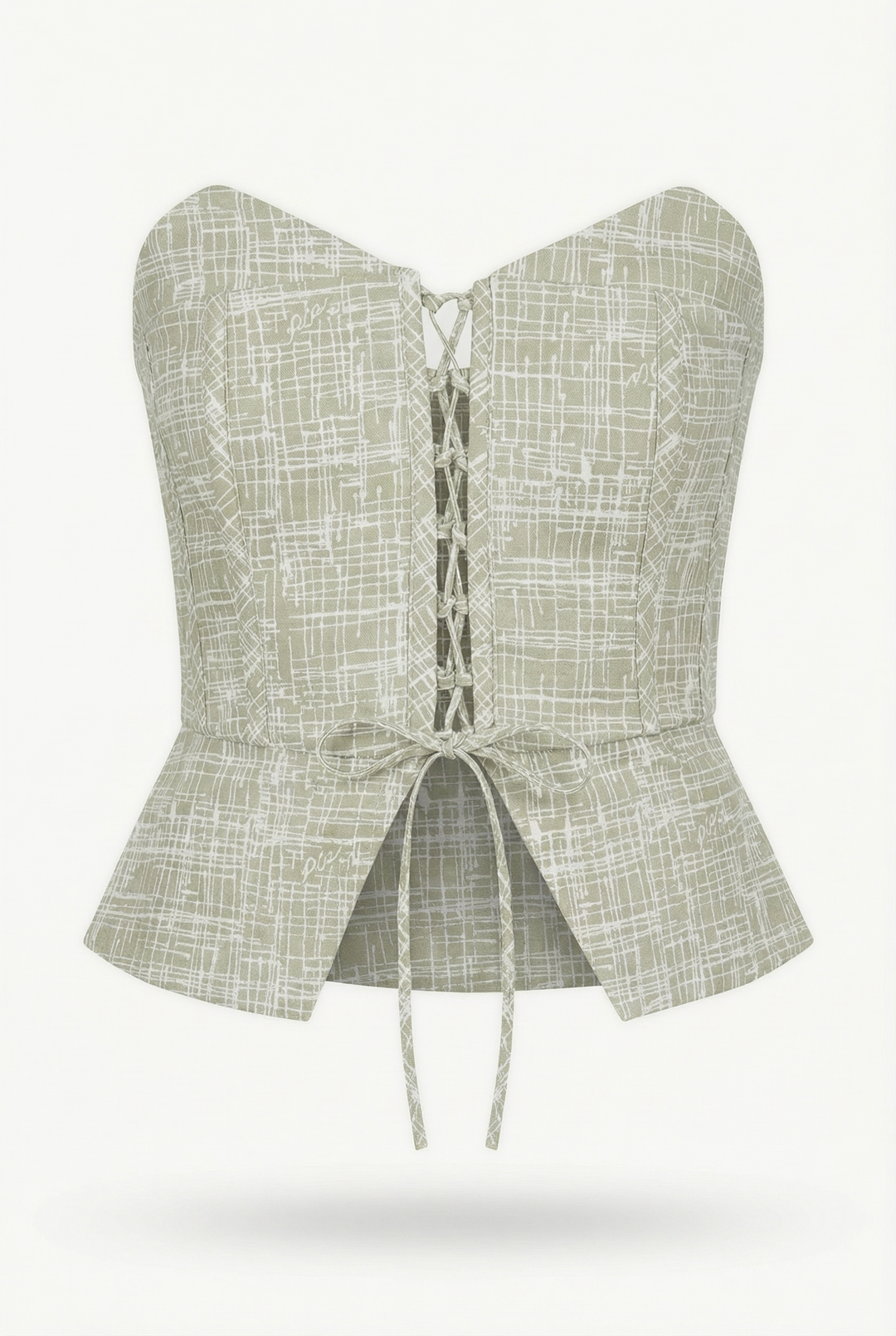 BIANCO - STRAPLESS BUSTIER WITH CRISSCROSS FRONT TIE -CROSSED LINES KHAKI