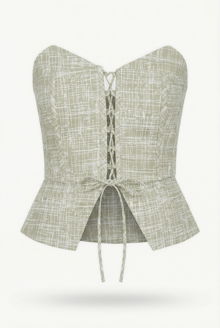 BIANCO - STRAPLESS BUSTIER WITH CRISSCROSS FRONT TIE -CROSSED LINES KHAKI