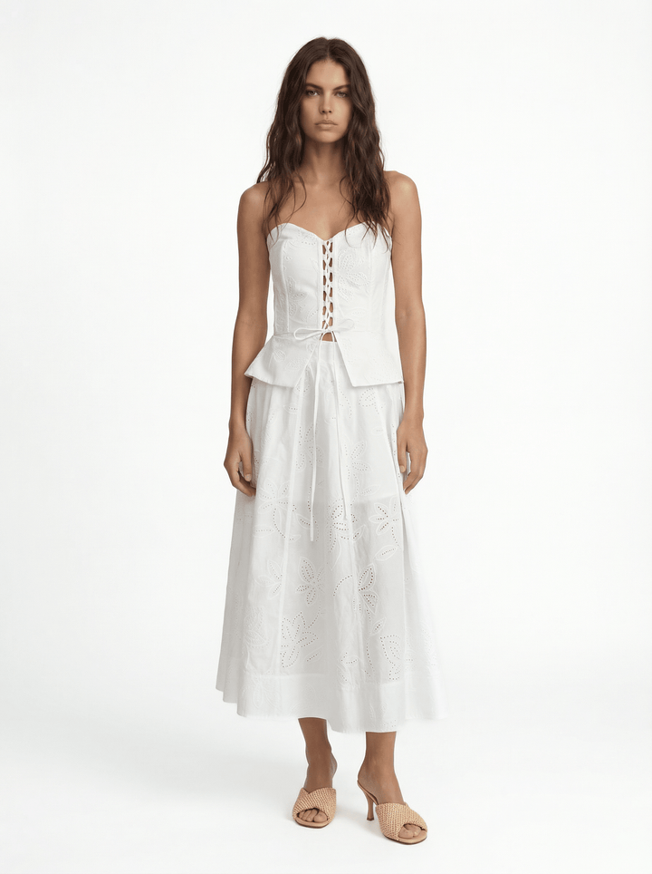 LACY BIANCO - EMBROIDERY PRINT FABRIC STRAPLESS BUSTIER WITH CRISSCROSS FRONT TIE - OFF WHITE