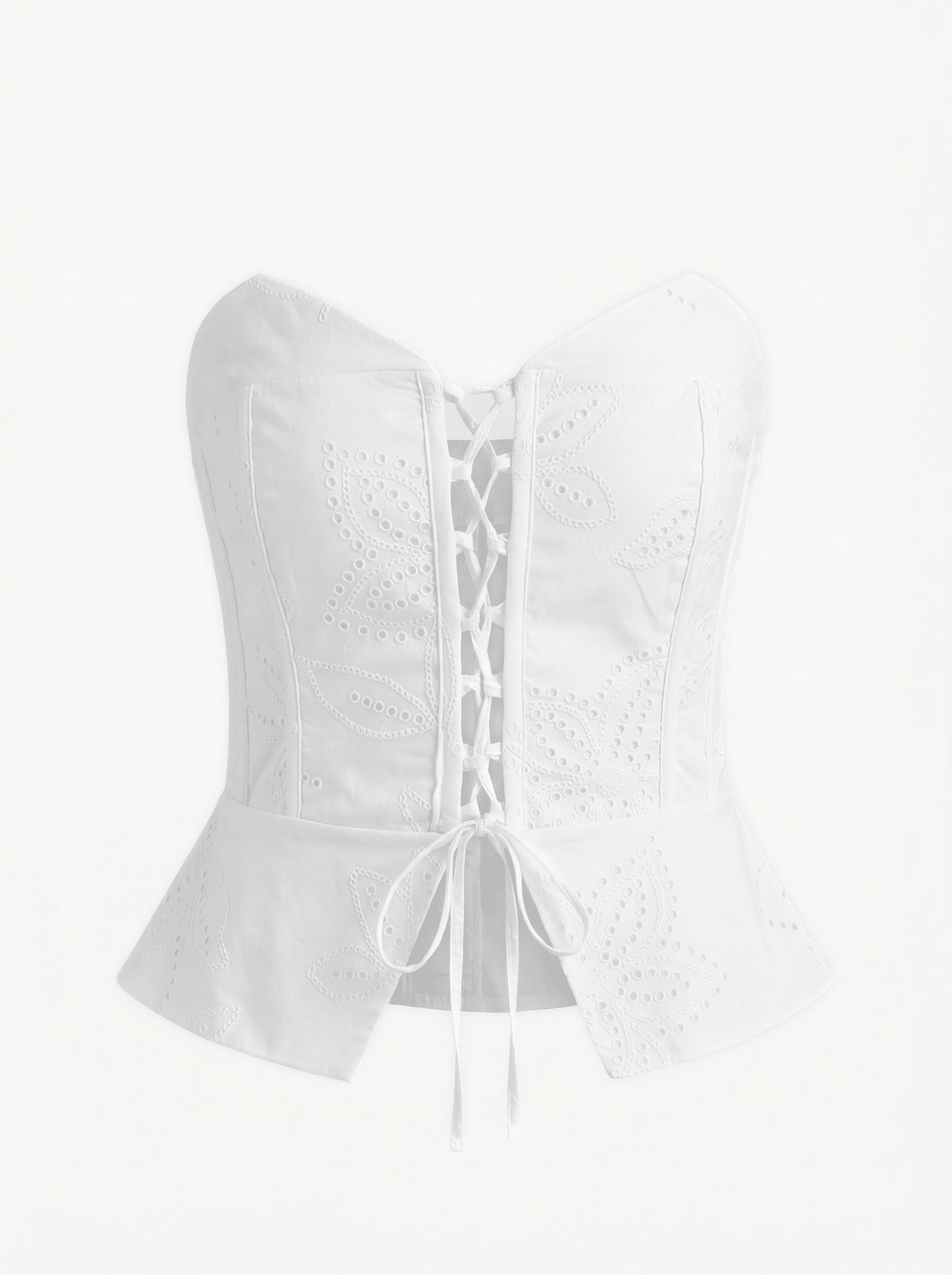 LACY BIANCO - EMBROIDERY PRINT FABRIC STRAPLESS BUSTIER WITH CRISSCROSS FRONT TIE - OFF WHITE