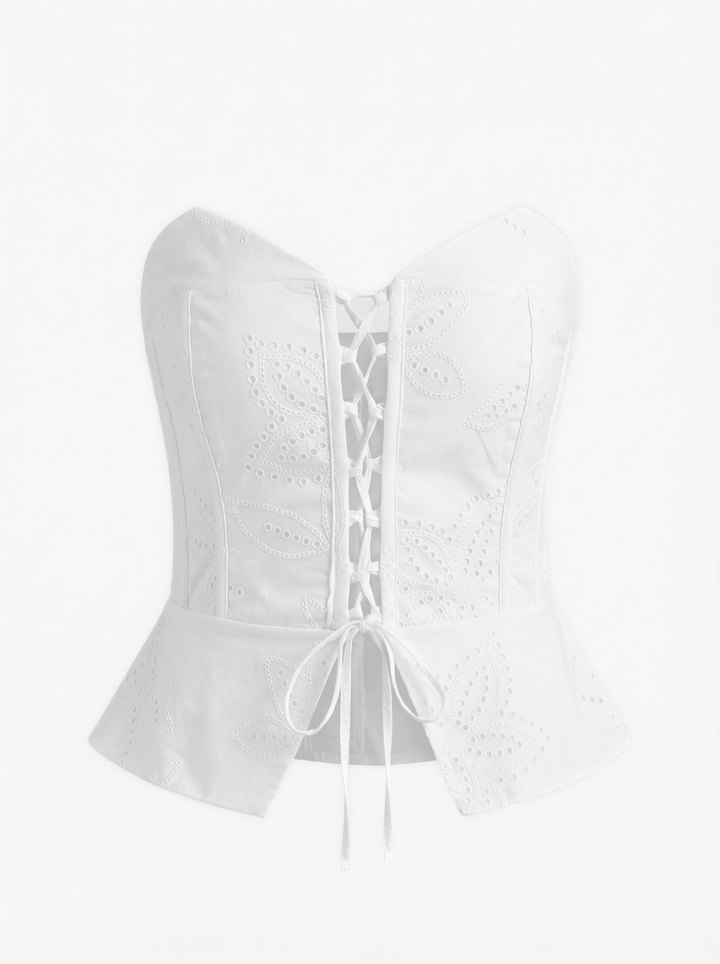 LACY BIANCO - EMBROIDERY PRINT FABRIC STRAPLESS BUSTIER WITH CRISSCROSS FRONT TIE - OFF WHITE