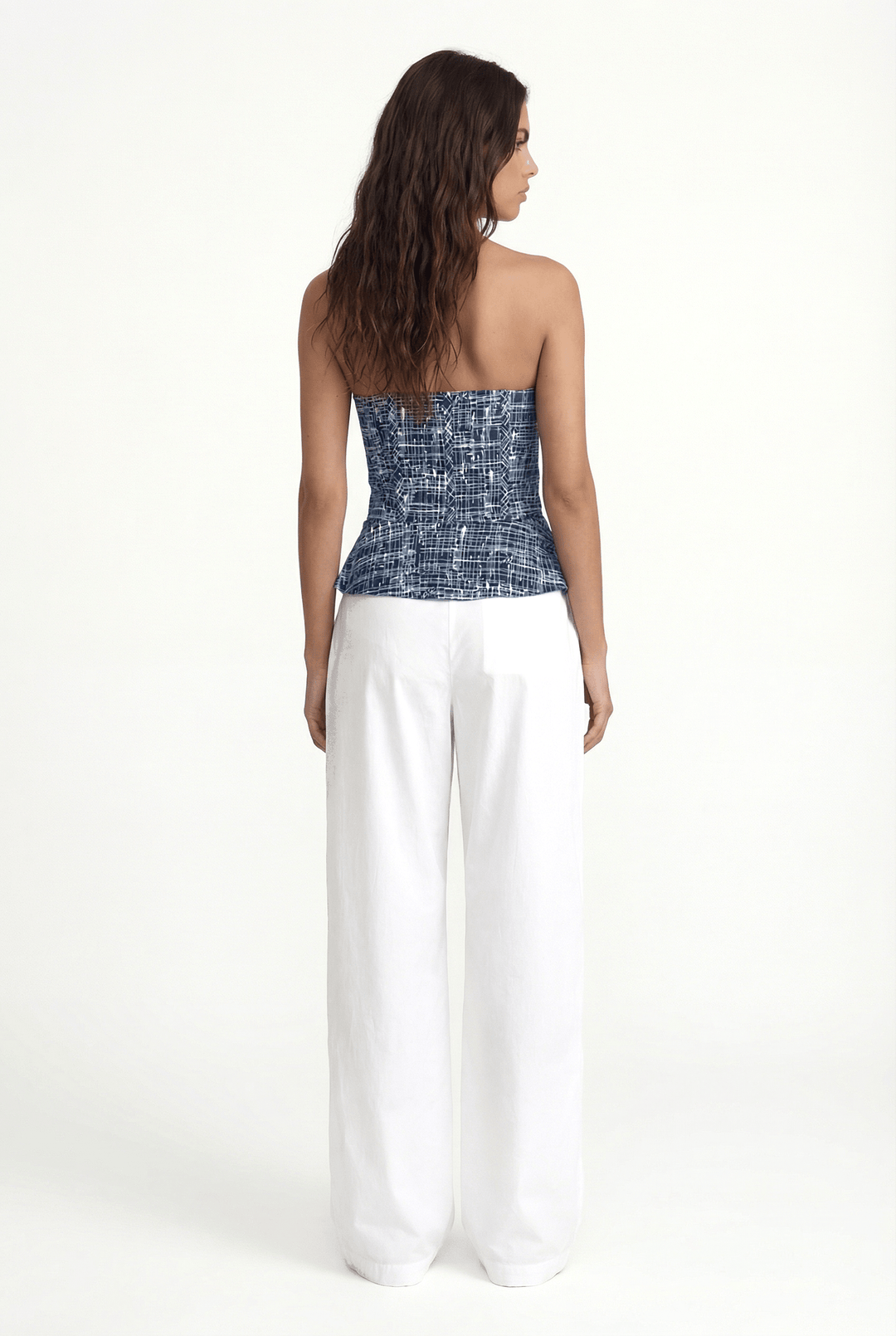 NARA - FRONT LACE-UP STRAPLESS BUSTIER - CROSSED LINES NAVY