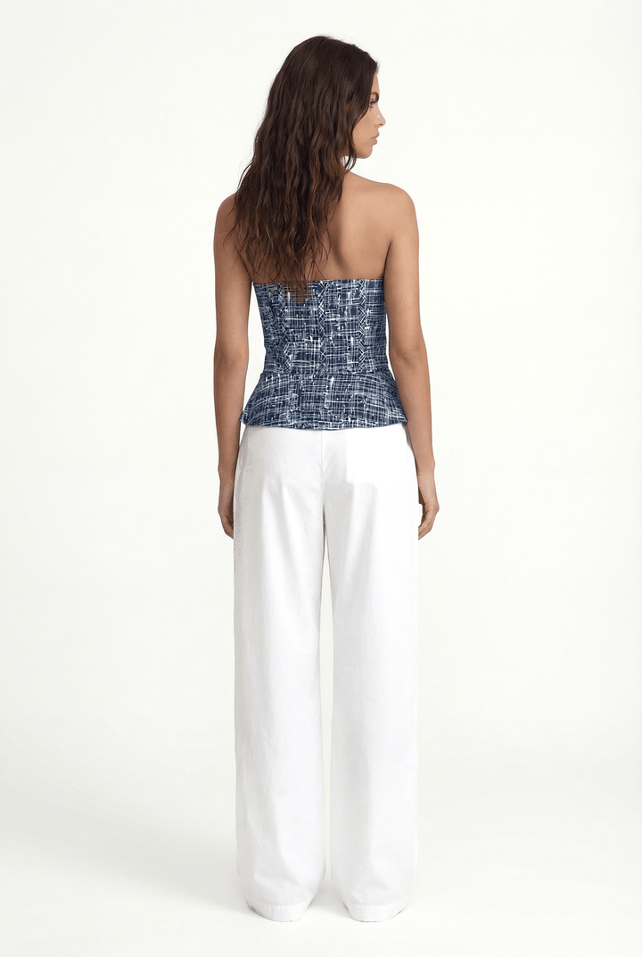 NARA - FRONT LACE-UP STRAPLESS BUSTIER - CROSSED LINES NAVY
