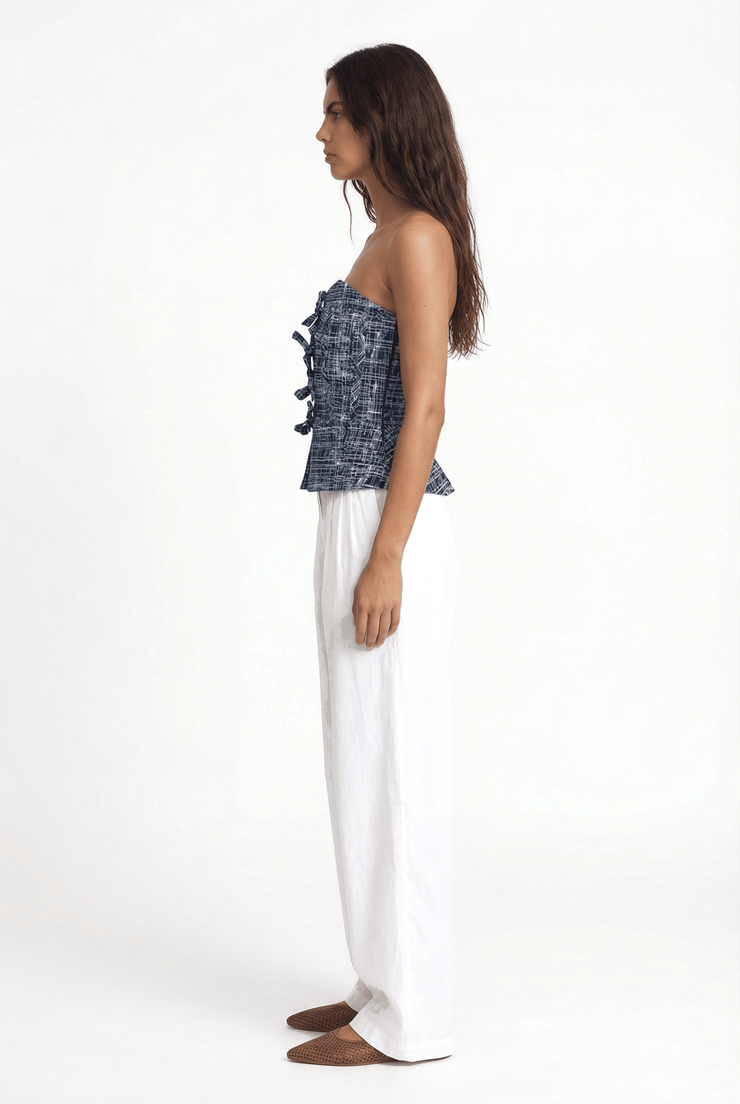 NARA - FRONT LACE-UP STRAPLESS BUSTIER - CROSSED LINES NAVY