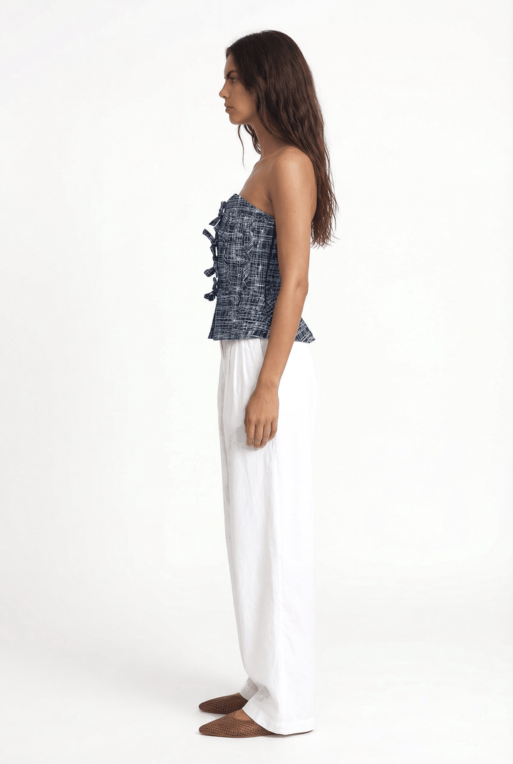 NARA - FRONT LACE-UP STRAPLESS BUSTIER - CROSSED LINES NAVY