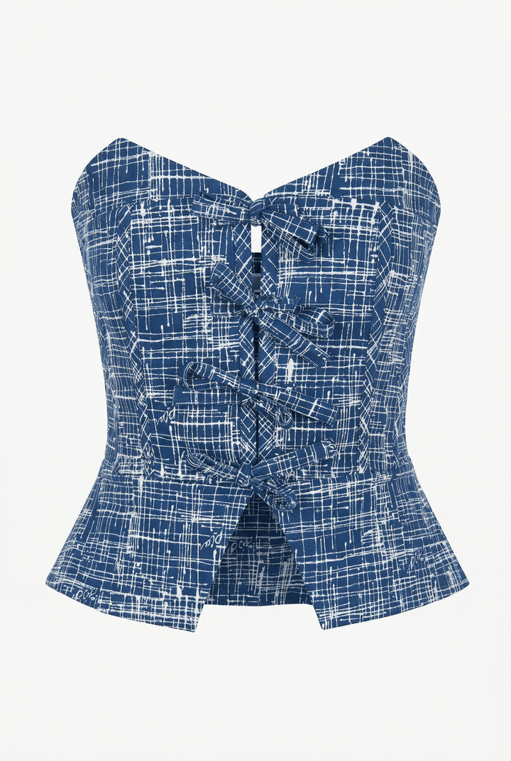 NARA - FRONT LACE-UP STRAPLESS BUSTIER - CROSSED LINES NAVY