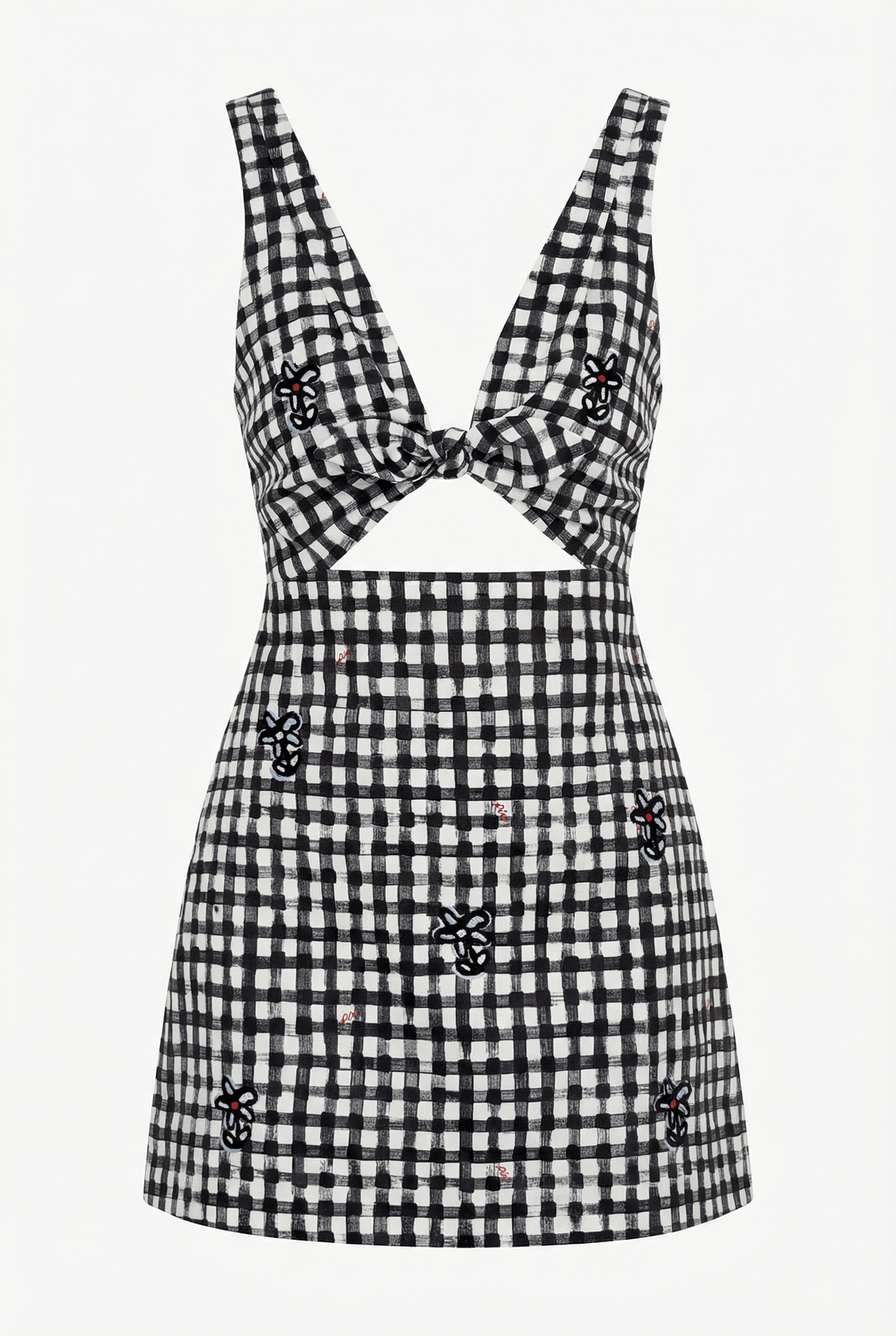 VALENCIA - THICK STRAP MINI DRESS WITH EMBROIDERY - BLACK PLAID