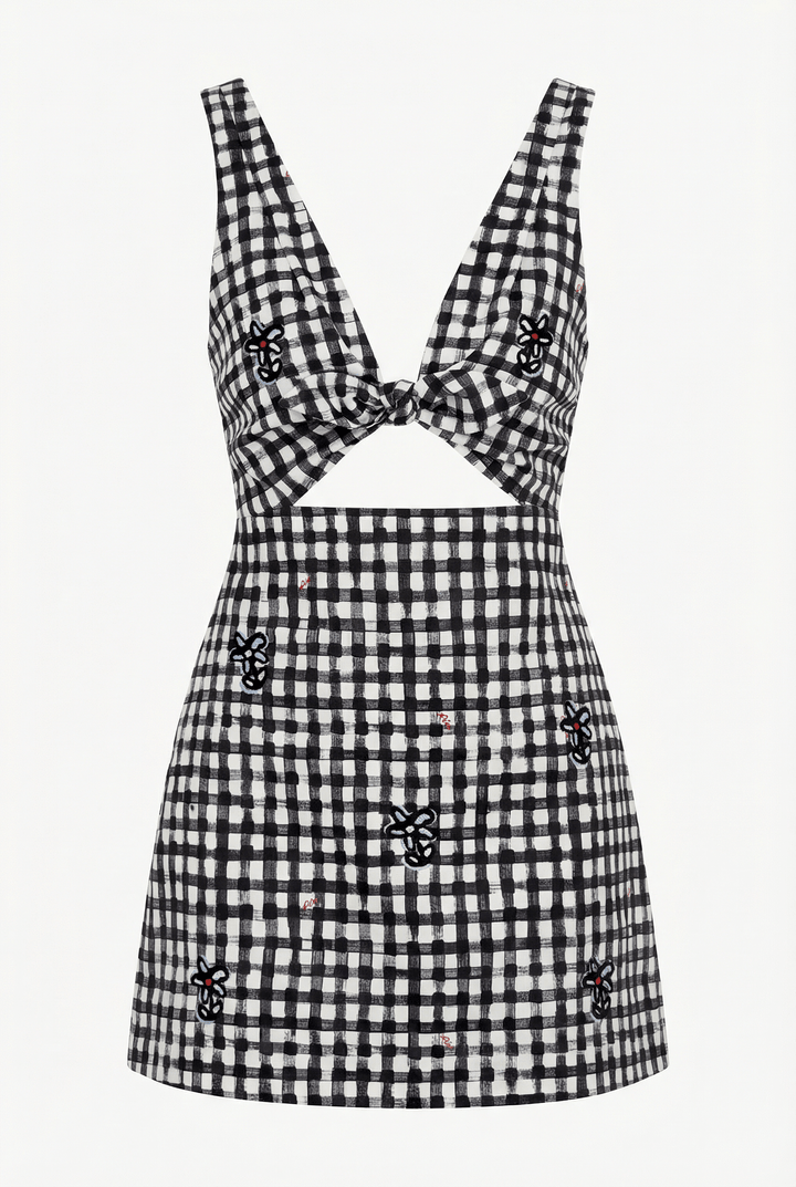 VALENCIA - THICK STRAP MINI DRESS WITH EMBROIDERY - BLACK PLAID