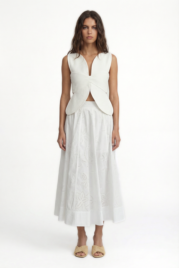 LACY SICILY - EMBROIDERY PRINT FABRIC A-LINE PLEATED MIDI SKIRT - OFF WHITE