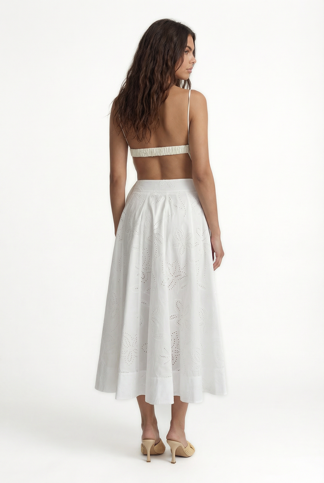 LACY SICILY - EMBROIDERY PRINT FABRIC A-LINE PLEATED MIDI SKIRT - OFF WHITE