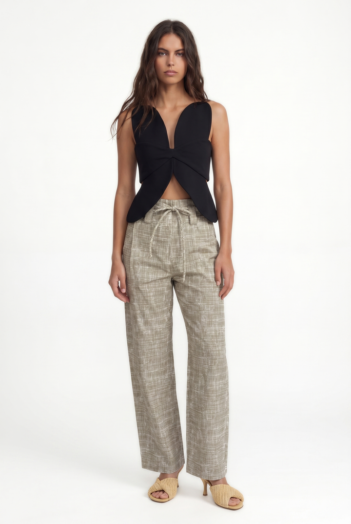 RODRIGO - HIGH -WAISTED PLEATED PANTS WITH ROPE DETAIL - CROSSED LINES KHAKI