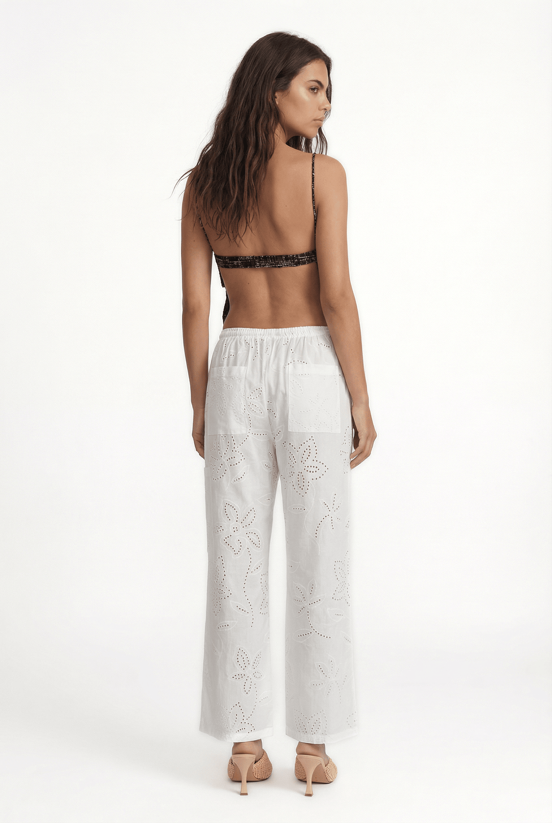 CORFU - EMBROIDERY PRINT FABRIC DRAWSTRING WAIST ANKLE PANTS WIYH POCKETS - OFF WHITE