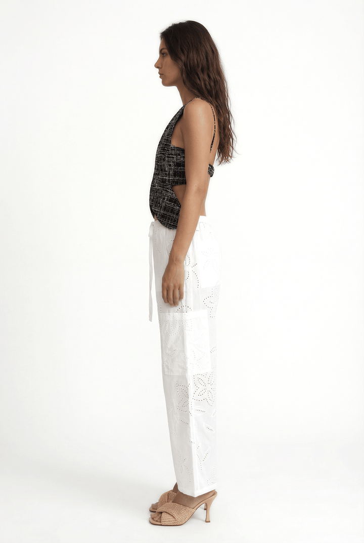 CORFU - EMBROIDERY PRINT FABRIC DRAWSTRING WAIST ANKLE PANTS WIYH POCKETS - OFF WHITE