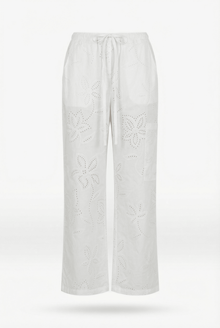 CORFU - EMBROIDERY PRINT FABRIC DRAWSTRING WAIST ANKLE PANTS WIYH POCKETS - OFF WHITE