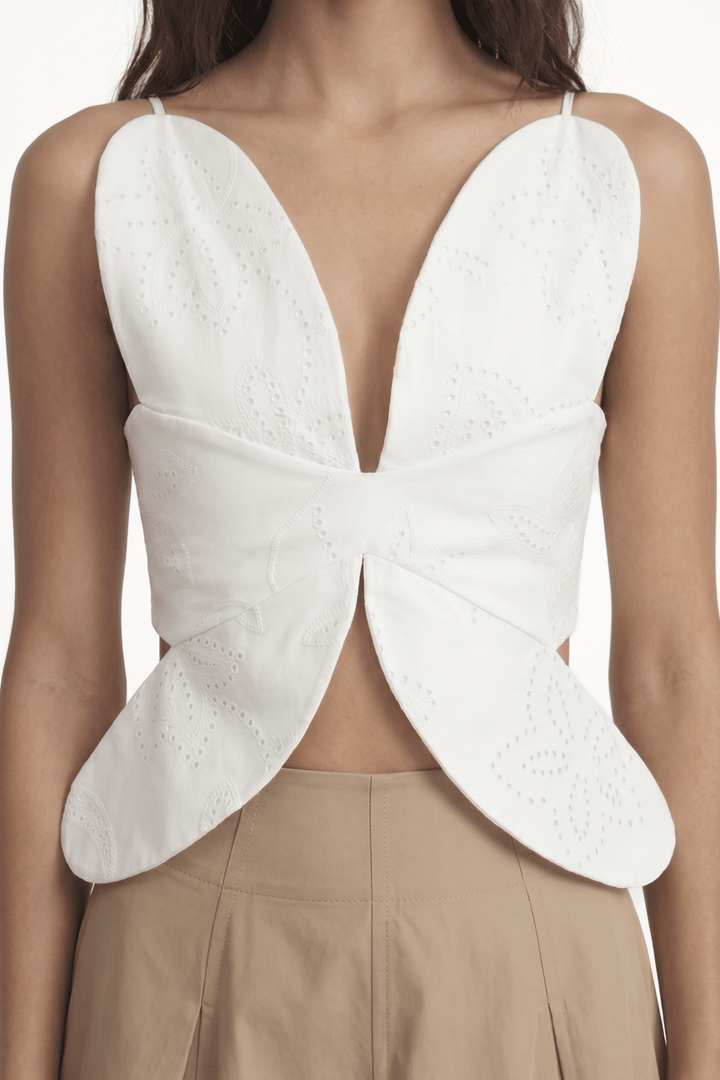 LACY DAISY - EMBROIDERY PRINT FABRIC ICONIC FLORAL SHAPE CUTOUT TOP - OFF WHITE