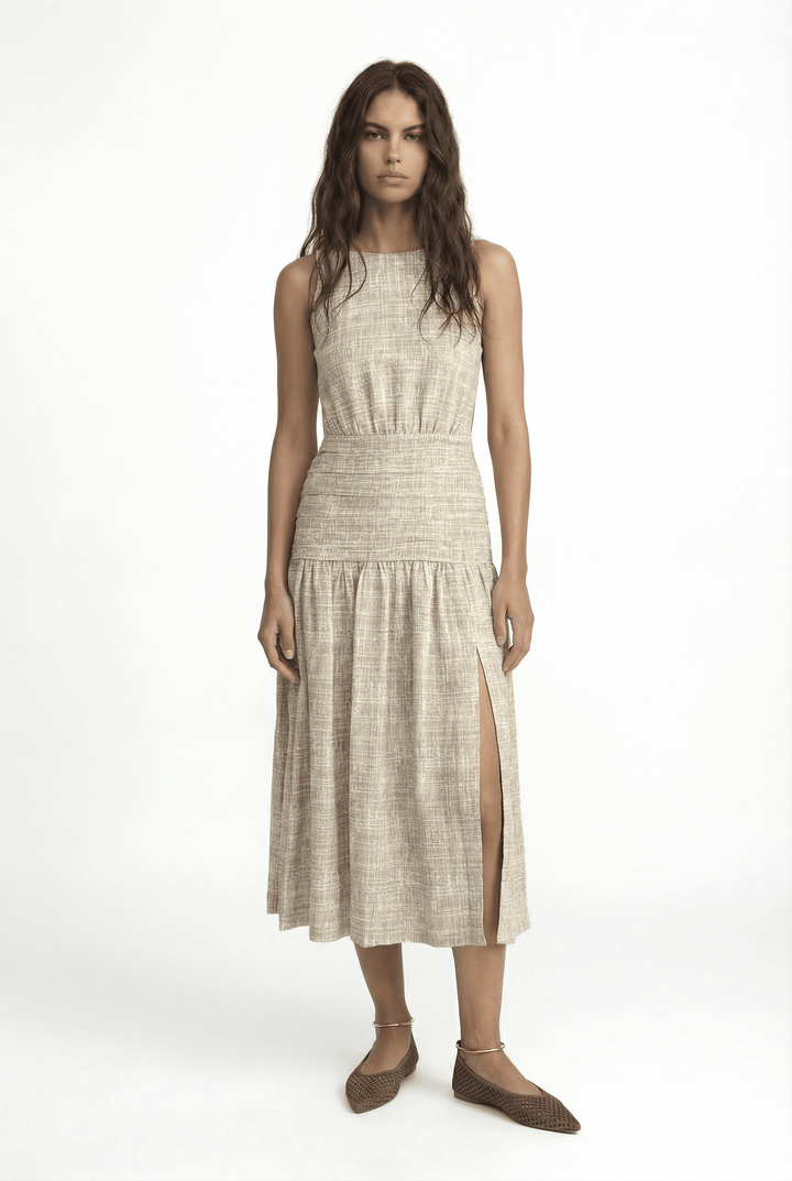 BRUNA - OPEN BACK MIDI DRESS - CROSSED LINES KHAKI
