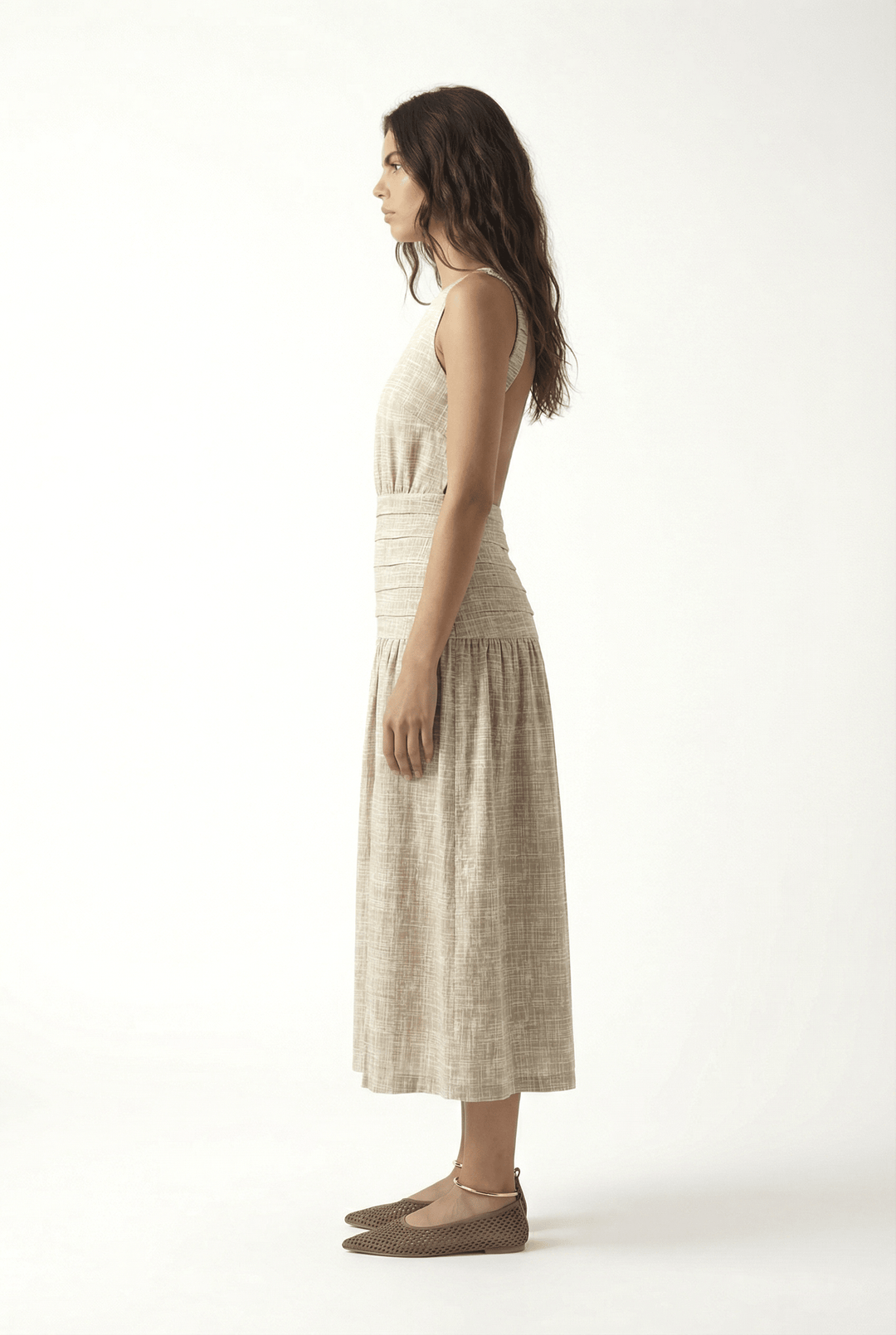 BRUNA - OPEN BACK MIDI DRESS - CROSSED LINES KHAKI