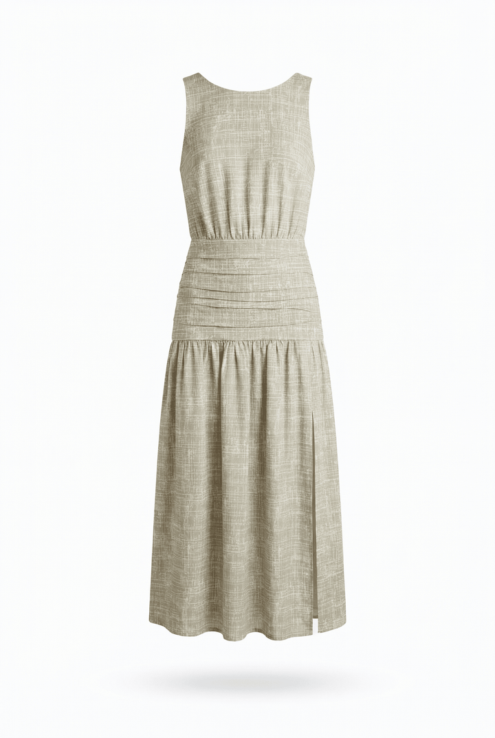 BRUNA - OPEN BACK MIDI DRESS - CROSSED LINES KHAKI