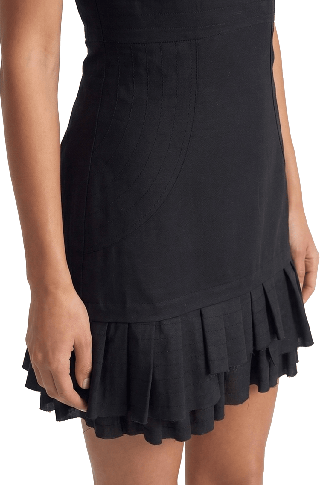 DEMI - SELF-TIE MINI DRESS WITH DRAPED WAIST & RUFFLED HEM - BLACK