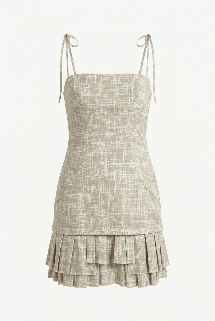 DEMI - SELF-TIE MINI DRESS WITH DRAPED WAIST & RUFFLED HEM - CROSSED LINES KHAKI