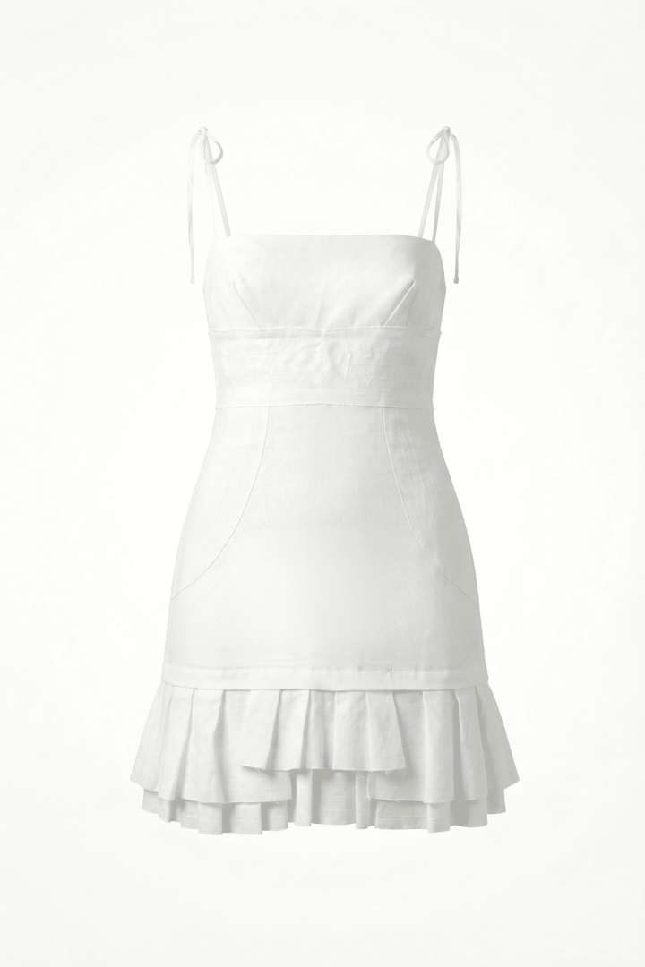 DEMI - SELF-TIE MINI DRESS WITH DRAPED WAIST & RUFFLED HEM - WHITE
