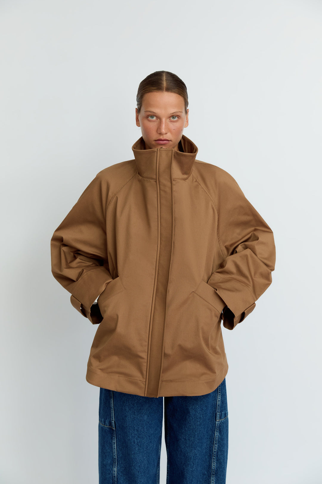 MONICA - OVERSIZED STAND COLLAR WINDBREAKER - BEIGE