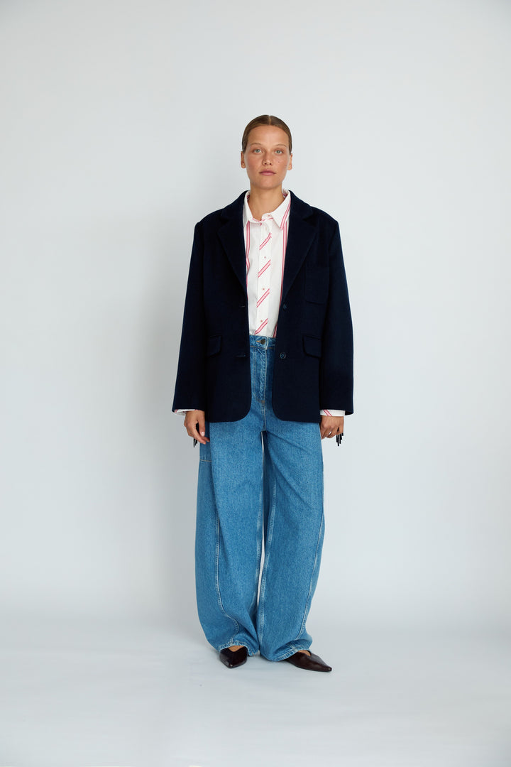 LEIF - FRINGE DETAIL WOOL JACKET - NAVY