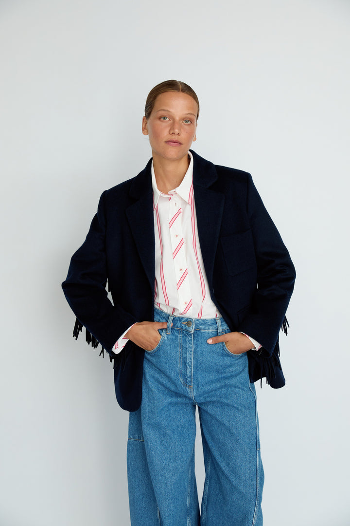 LEIF - FRINGE DETAIL WOOL JACKET - NAVY