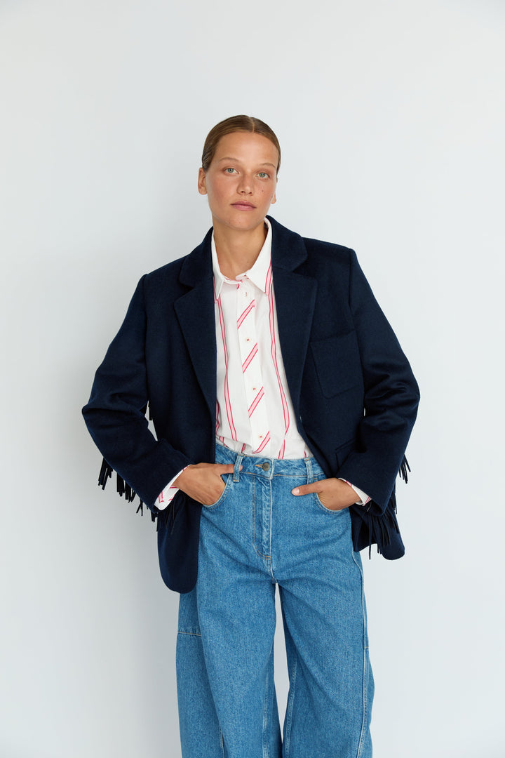 LEIF - FRINGE DETAIL WOOL JACKET - NAVY