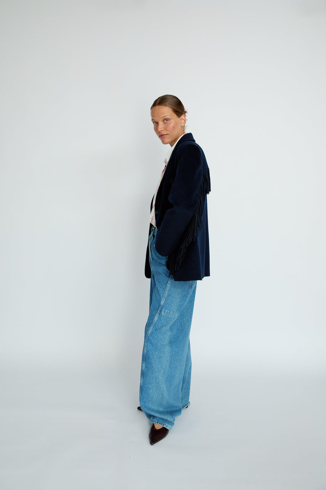 LEIF - FRINGE DETAIL WOOL JACKET - NAVY