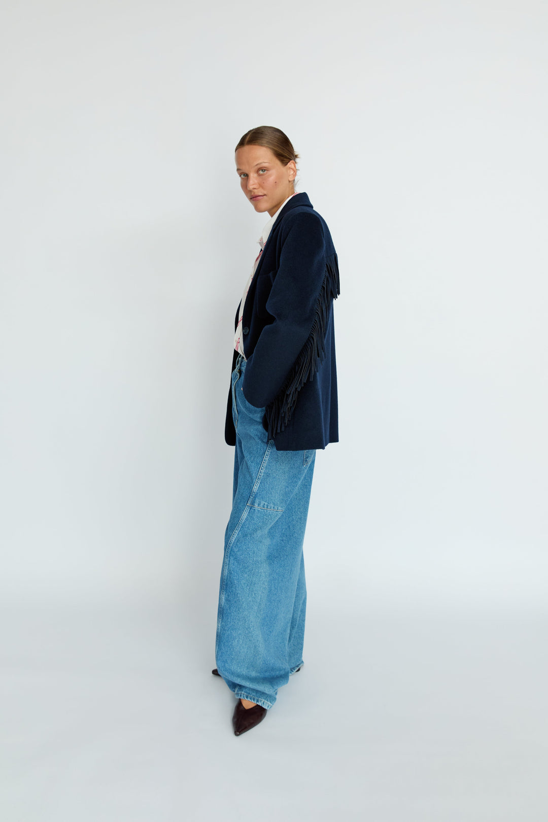LEIF - FRINGE DETAIL WOOL JACKET - NAVY