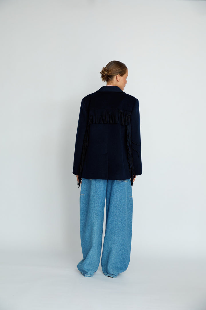 LEIF - FRINGE DETAIL WOOL JACKET - NAVY