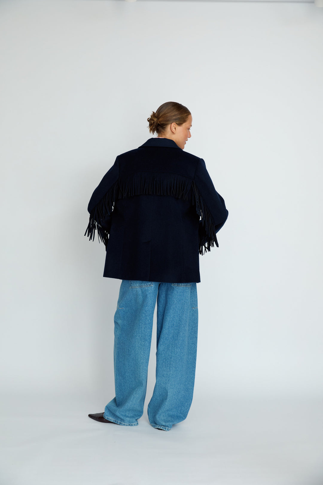 LEIF - FRINGE DETAIL WOOL JACKET - NAVY