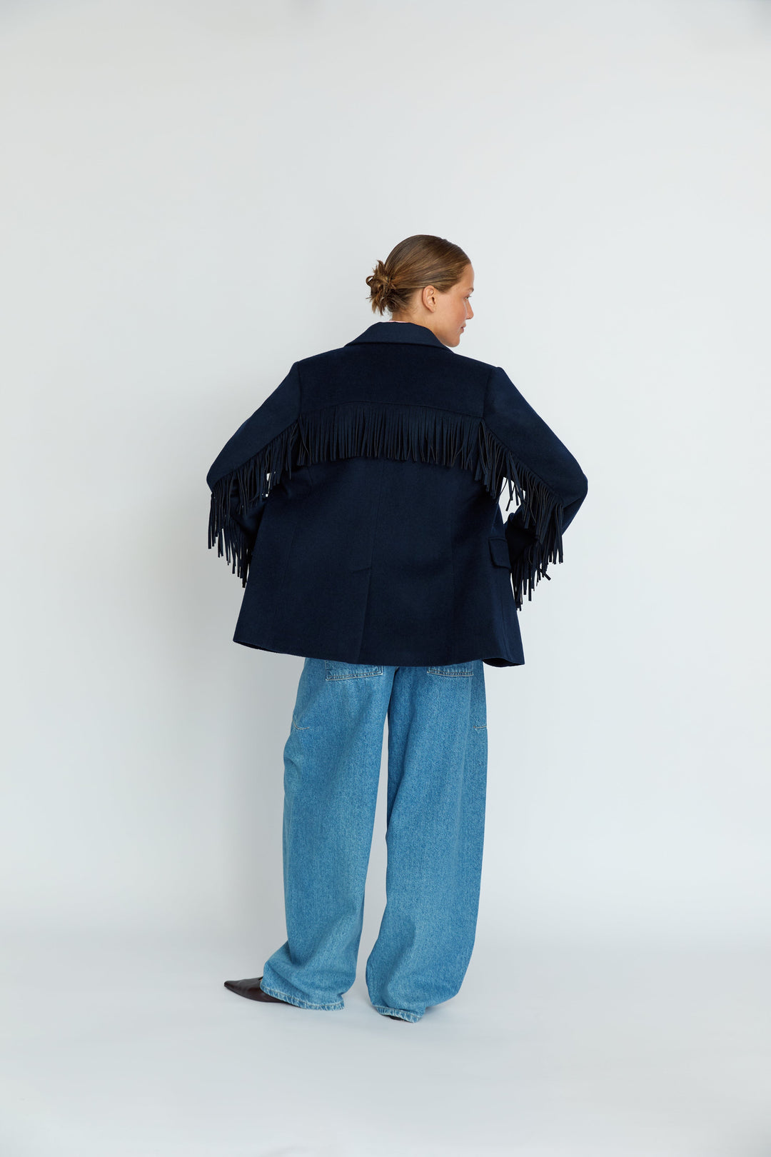 LEIF - FRINGE DETAIL WOOL JACKET - NAVY