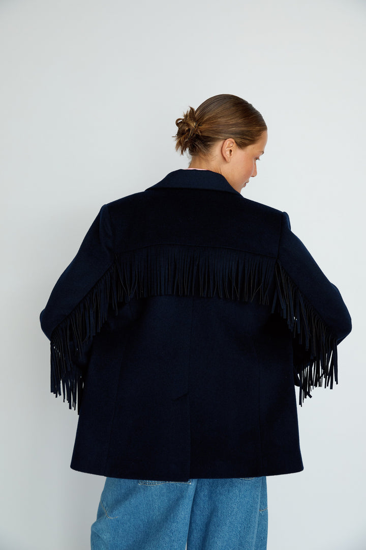 LEIF - FRINGE DETAIL WOOL JACKET - NAVY