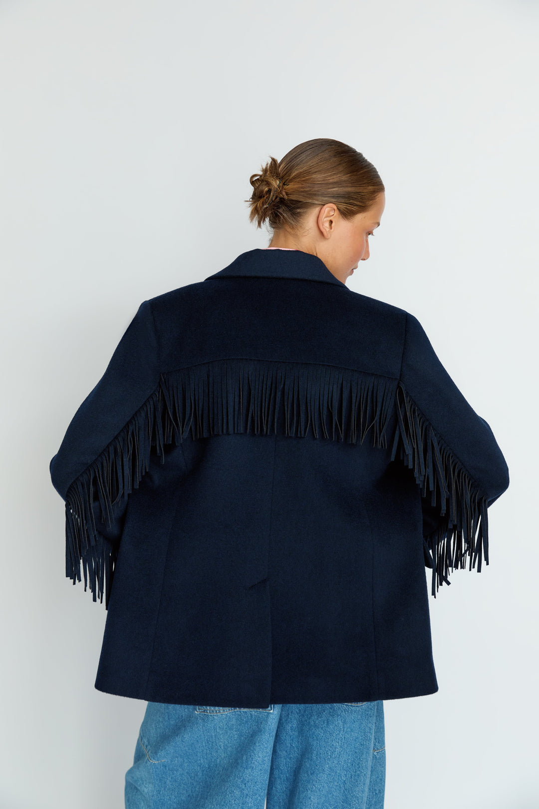 LEIF - FRINGE DETAIL WOOL JACKET - NAVY