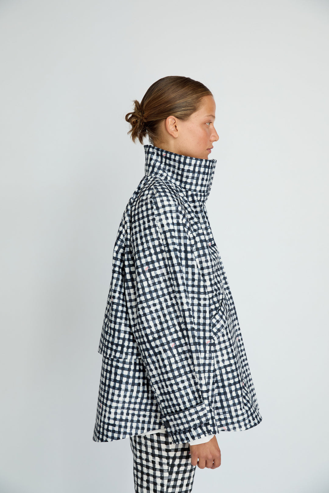 MONICA - OVERSIZED STAND COLLAR RAINCOAT - BLACK PLAID