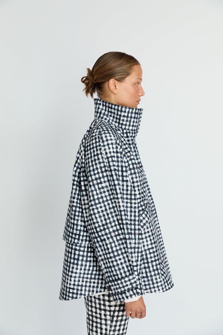 MONICA - OVERSIZED STAND COLLAR RAINCOAT - BLACK PLAID