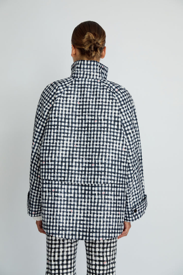 MONICA - OVERSIZED STAND COLLAR RAINCOAT - BLACK PLAID