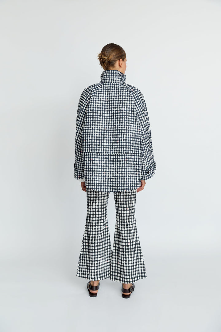MONICA - OVERSIZED STAND COLLAR RAINCOAT - BLACK PLAID