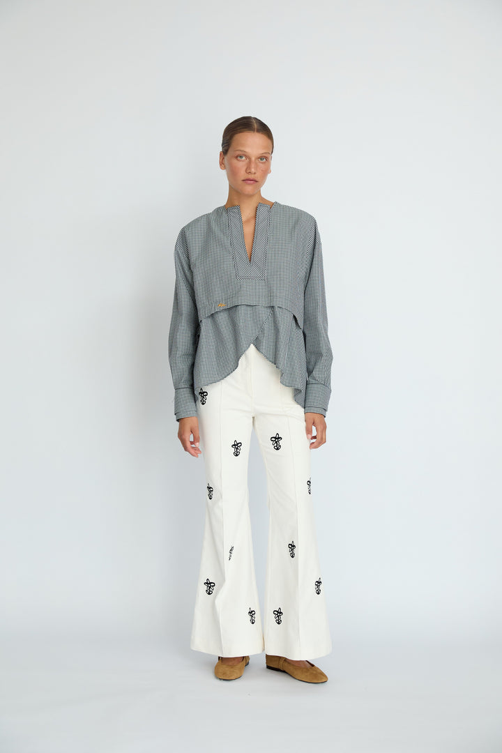 IAN - FLORAL EMBROIDERED VELVET FLARE PANTS - ECRU