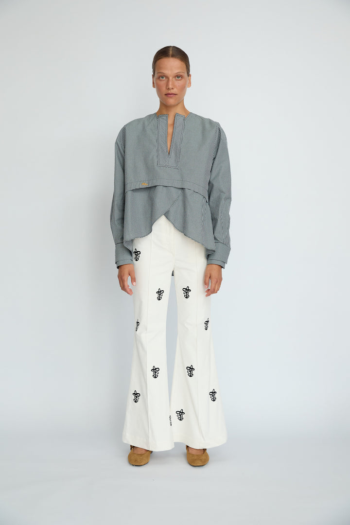 IAN - FLORAL EMBROIDERED VELVET FLARE PANTS - ECRU