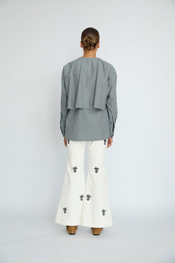 IAN - FLORAL EMBROIDERED VELVET FLARE PANTS - ECRU